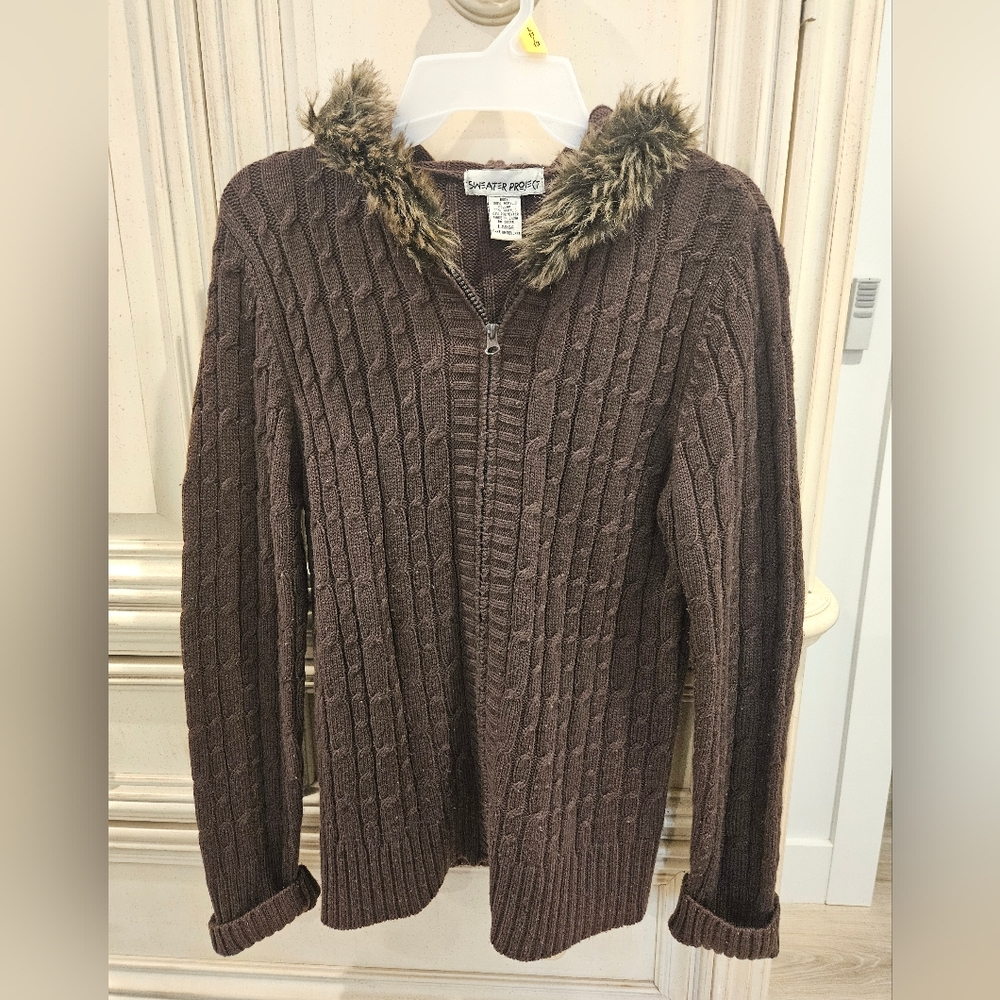 Sweater Project Brown Cable Knit Coat with Faux Fur Collar